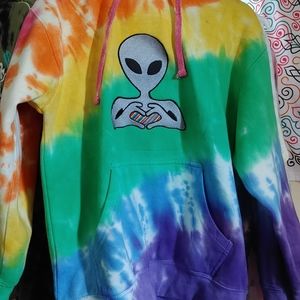 Rainbow Tie Dye Sweatshirt Embroidered with Alien Rainbow Heart Hands